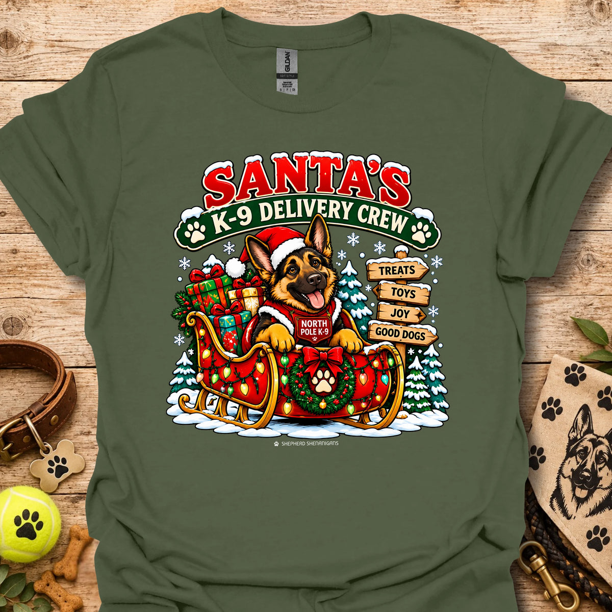 Santa's K9 Delivery Crew t-shirt, military green with Santa dog delivery graphic