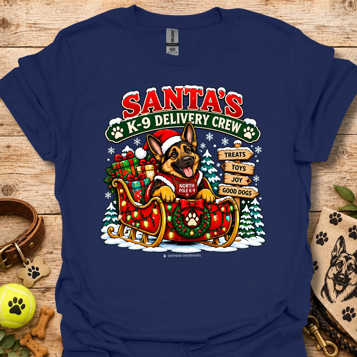 Santa's K9 Delivery Crew t-shirt, navy blue with Santa dog delivery graphic