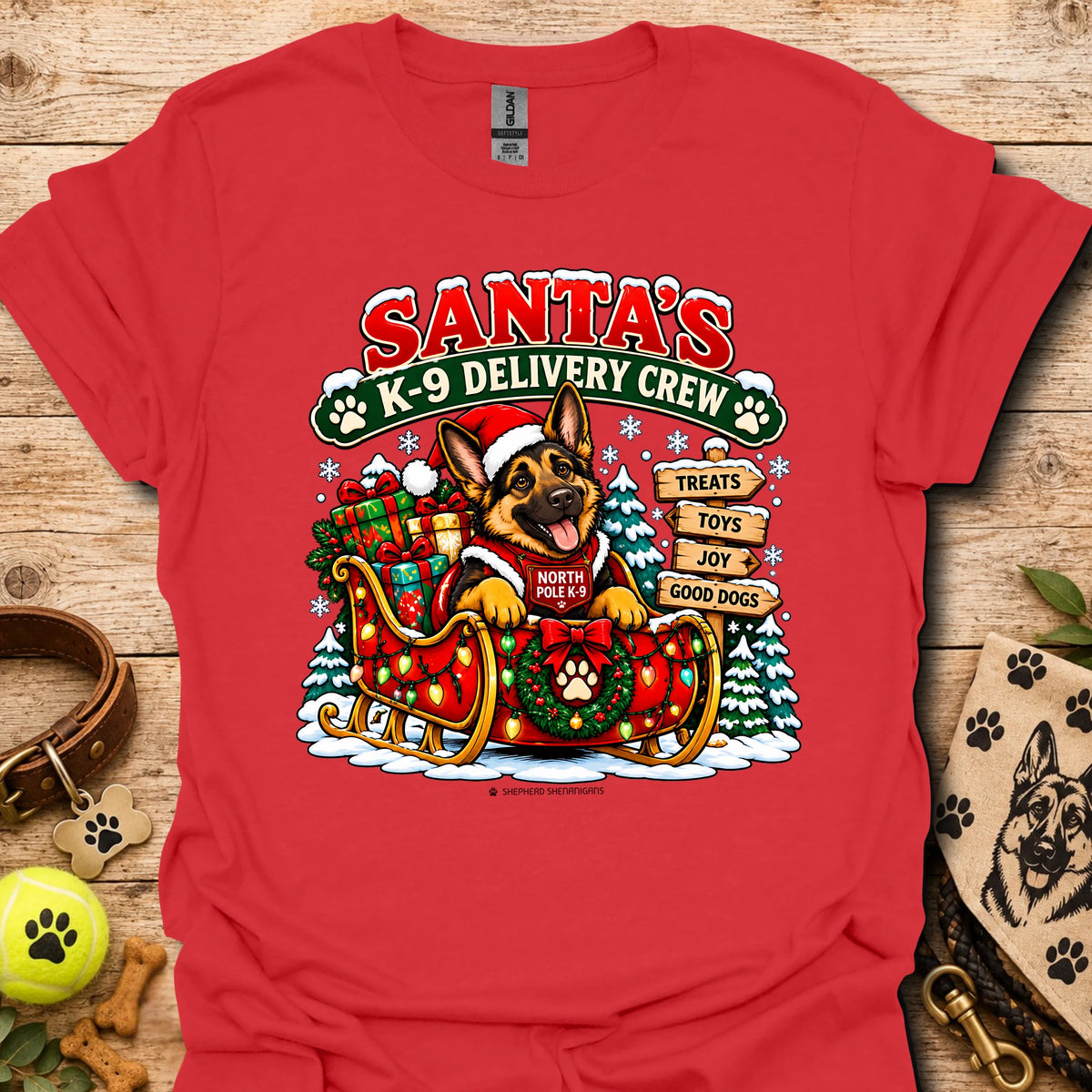 Santa's K9 Delivery Crew t-shirt, red with Santa dog delivery graphic