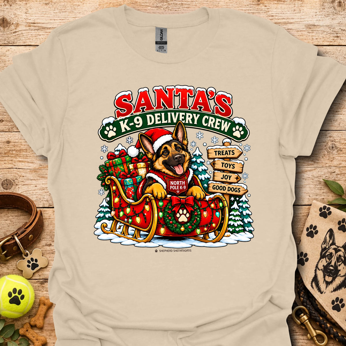 Santa's K9 Delivery Crew t-shirt, sand beige with Santa dog delivery graphic