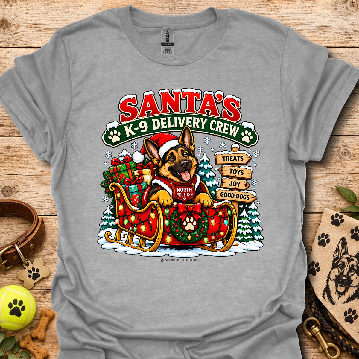 Santa's K9 Delivery Crew t-shirt, sport gray with Santa dog delivery graphic