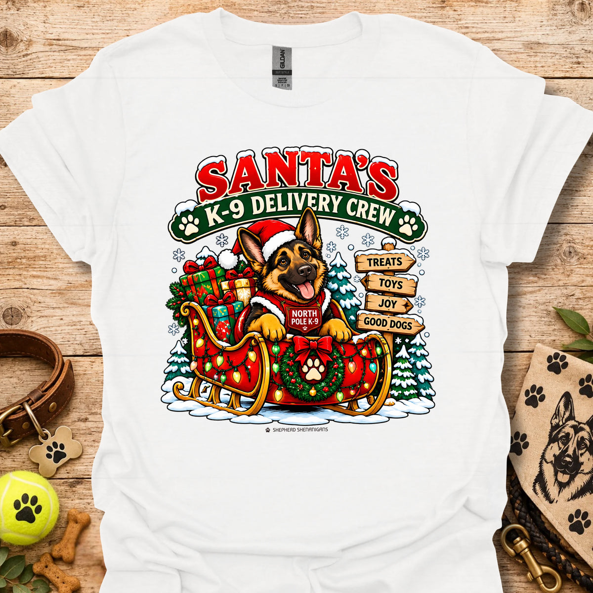 Santa's K9 Delivery Crew t-shirt, white with Santa dog delivery graphic