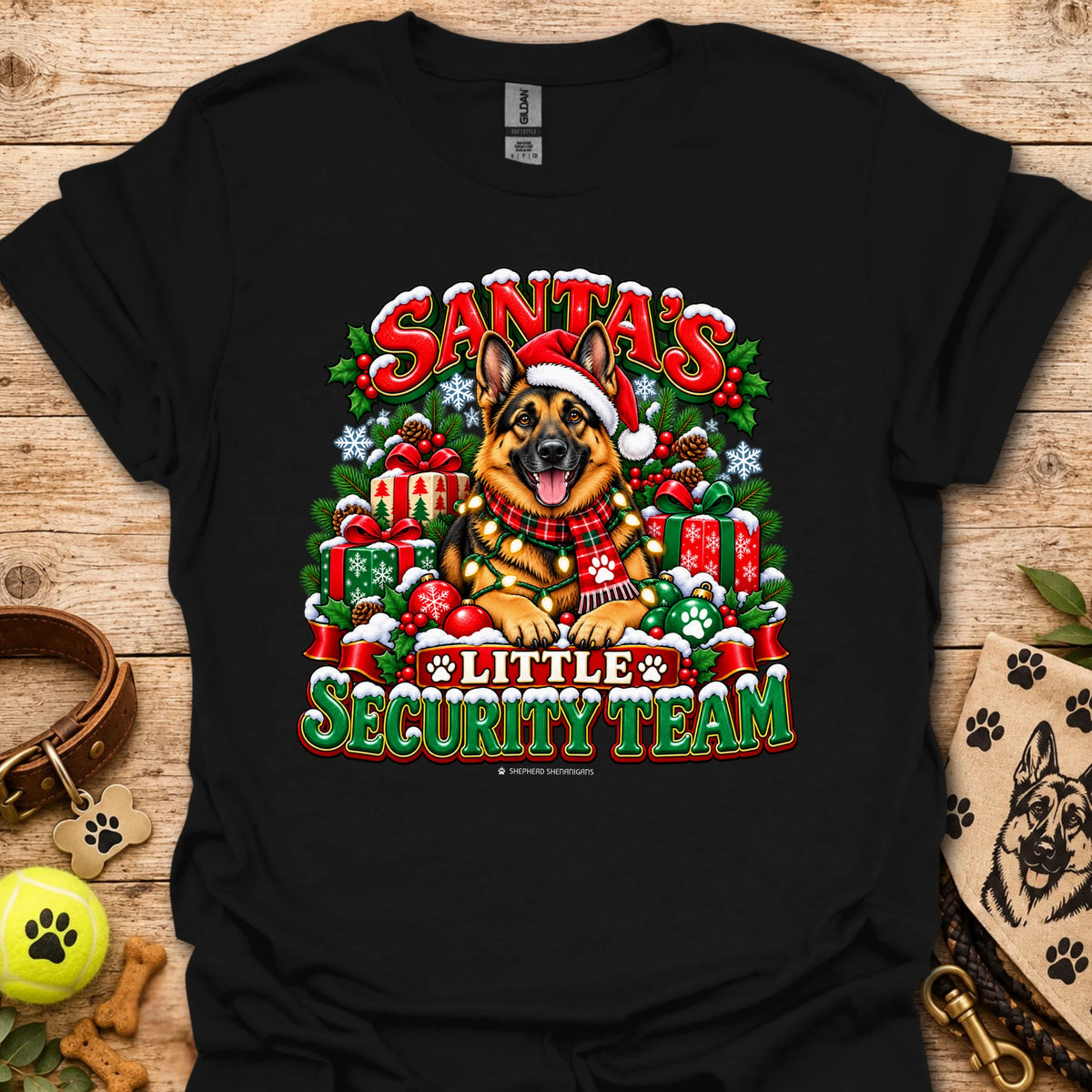 Black crewneck T-shirt with Santa dog and "Little Security Team" colorful graphic