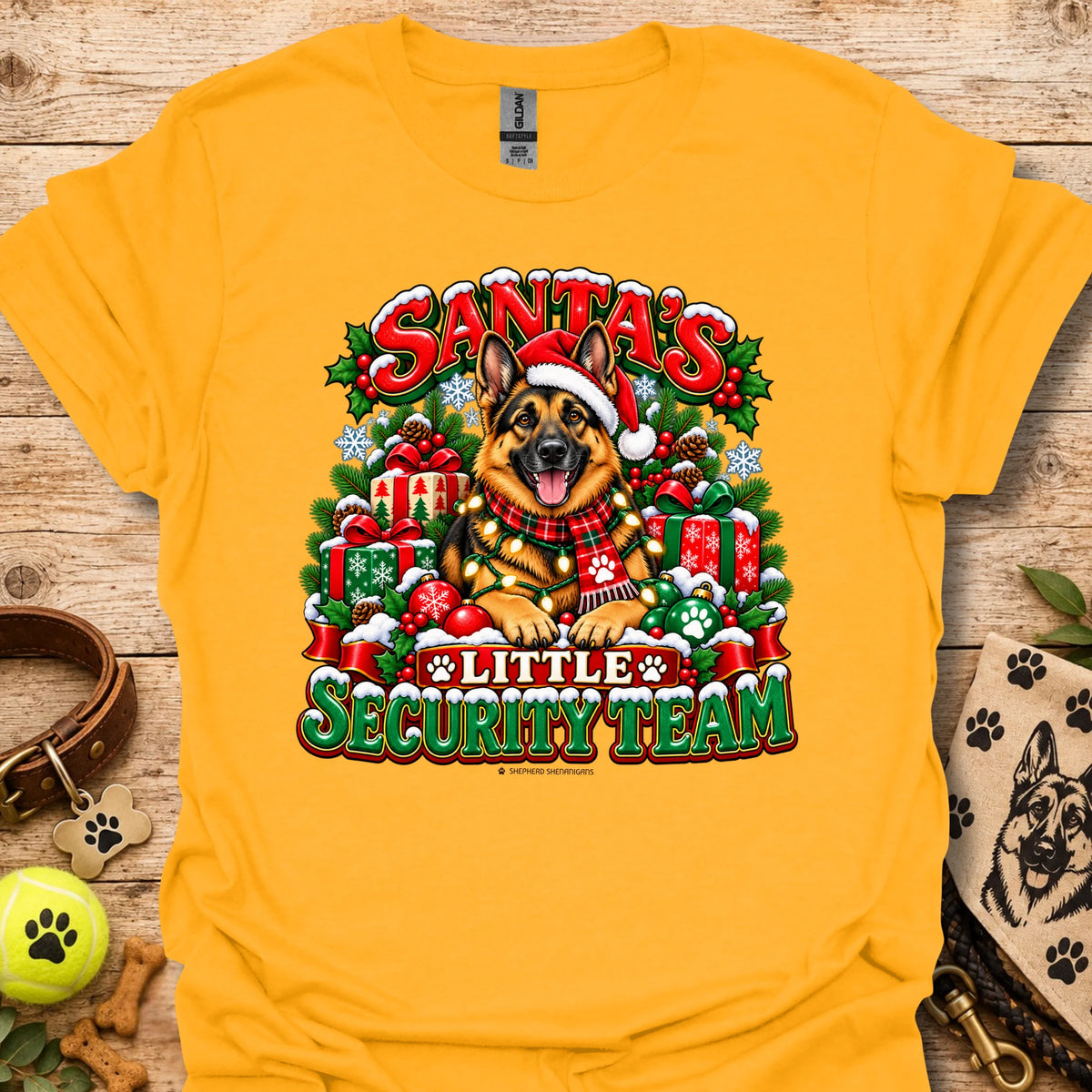Gold crewneck T-shirt with Santa dog and "Little Security Team" festive graphic