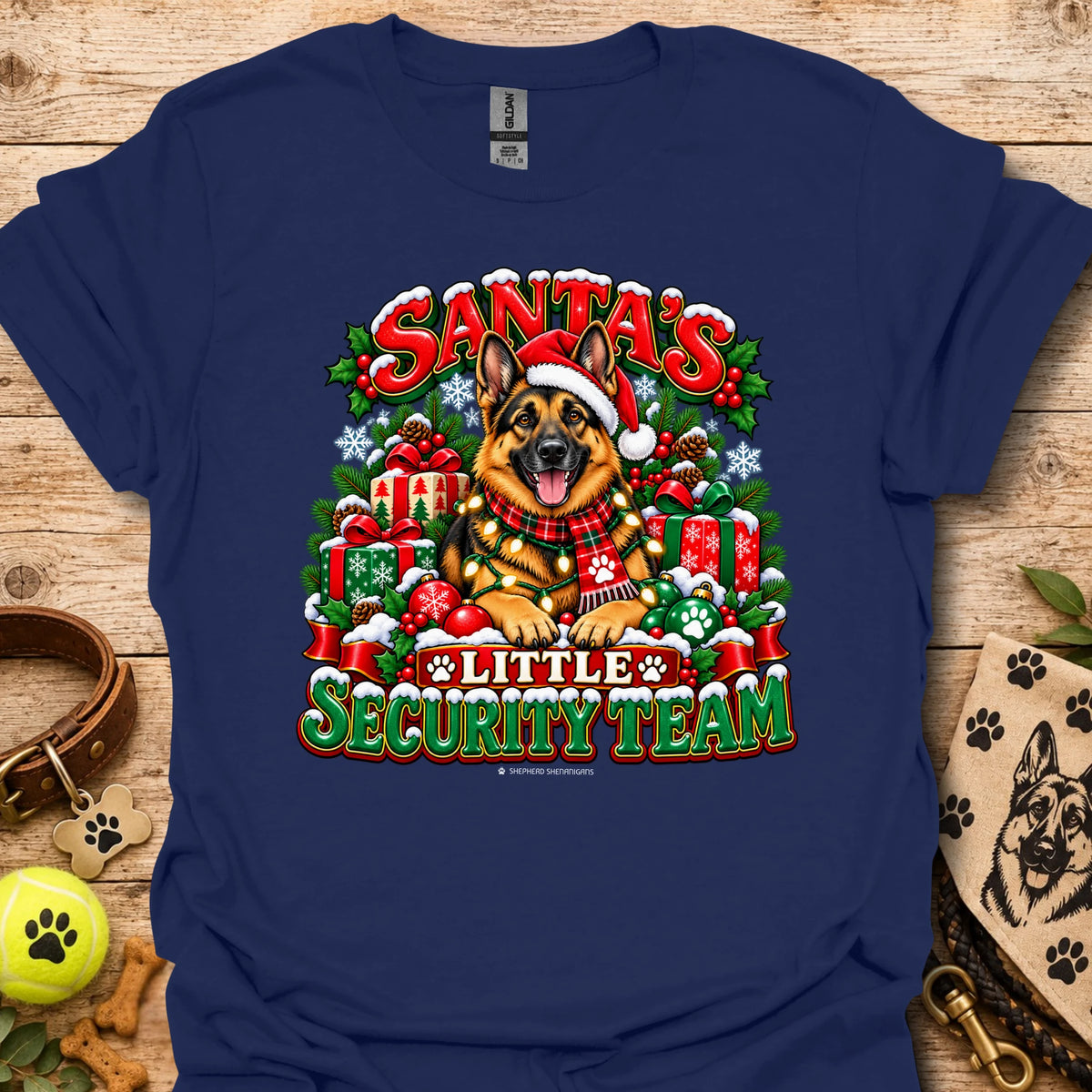 Navy crewneck T-shirt with Santa dog and "Little Security Team" holiday graphic