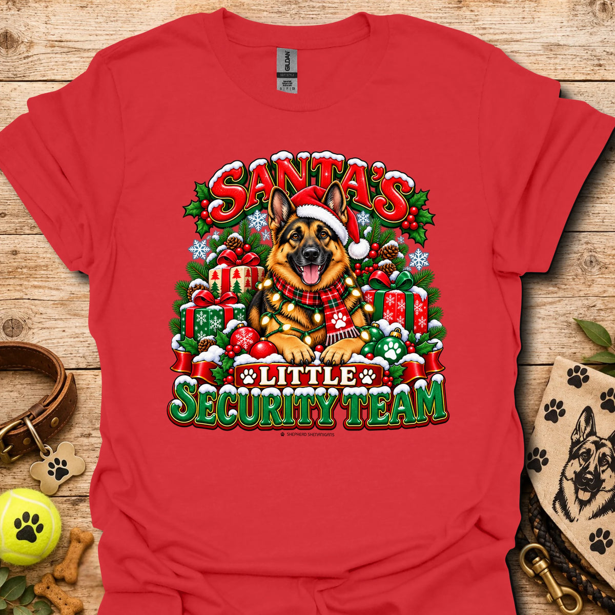 Red crewneck T-shirt with Santa dog and "Little Security Team" festive graphic