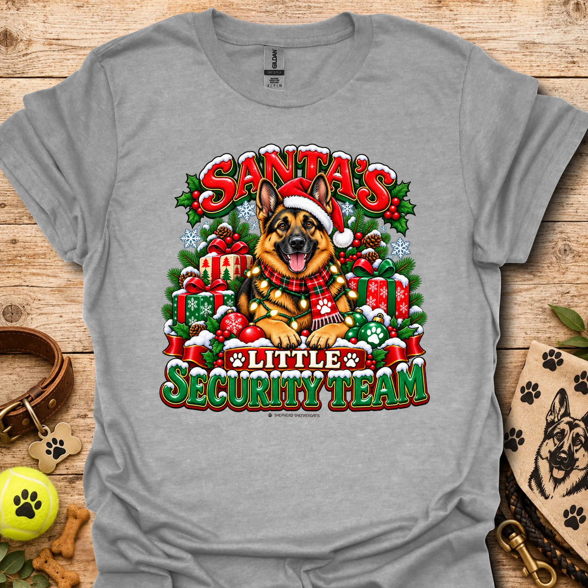Heather grey crewneck T-shirt with Santa dog and "Little Security Team" graphic