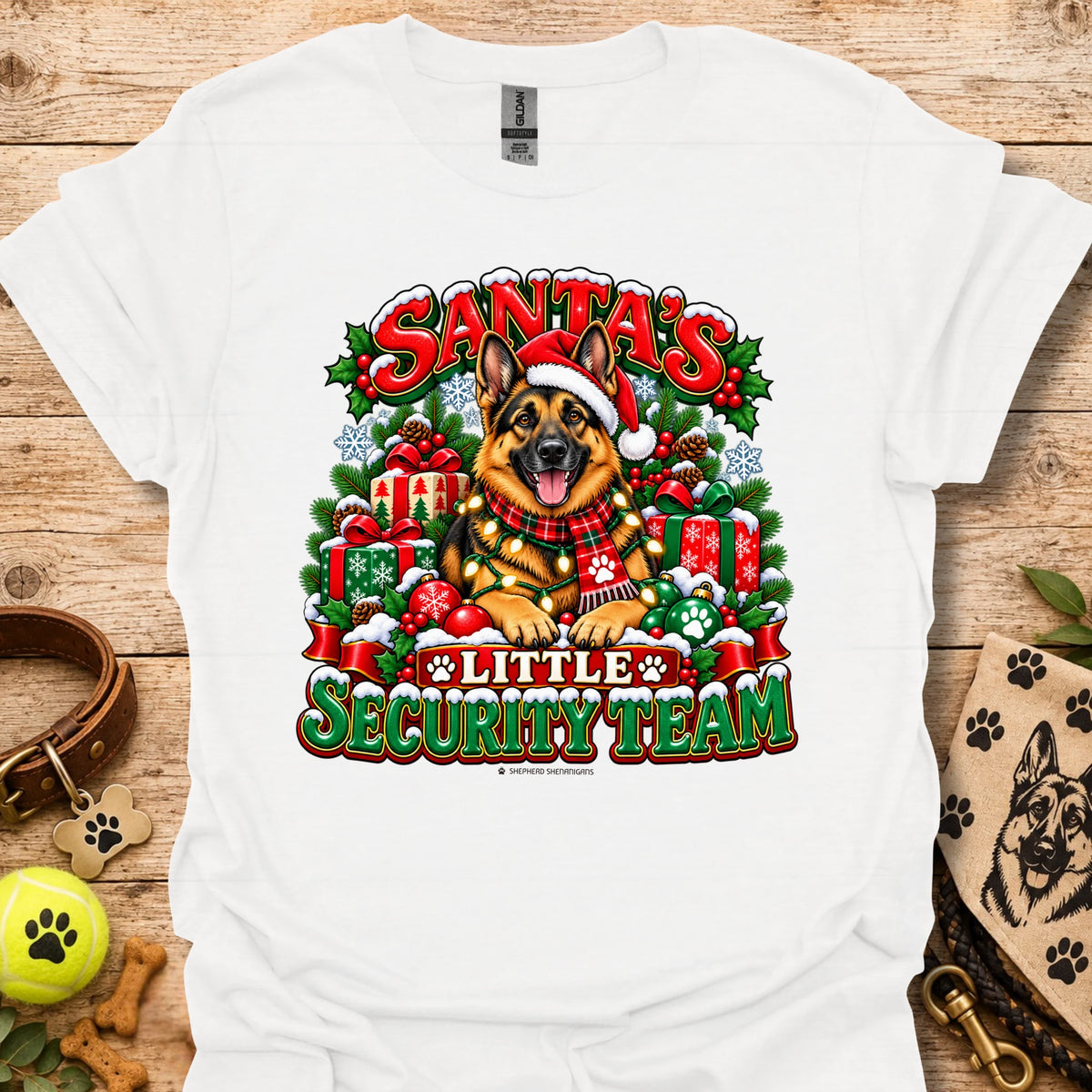 White crewneck T-shirt with Santa dog and "Little Security Team" holiday graphic