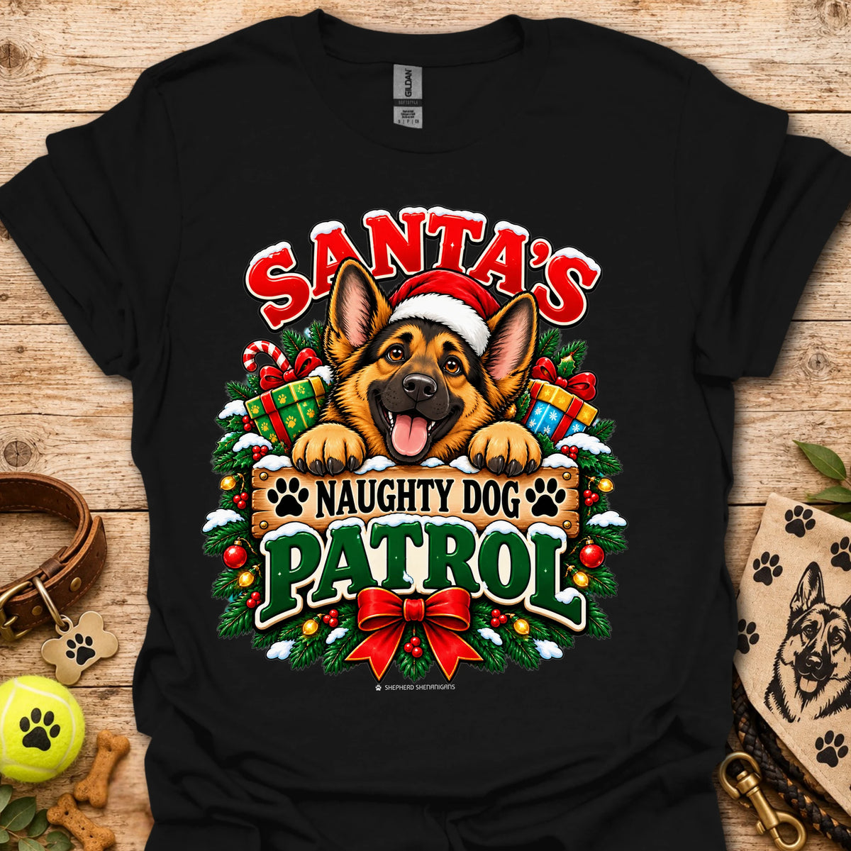 Holiday dog patrol t-shirt in black, Santa-themed German shepherd graphic