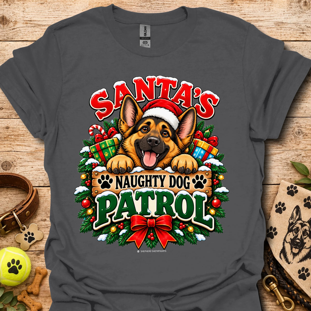 Holiday dog patrol t-shirt in dark gray, Santa-themed German shepherd graphic