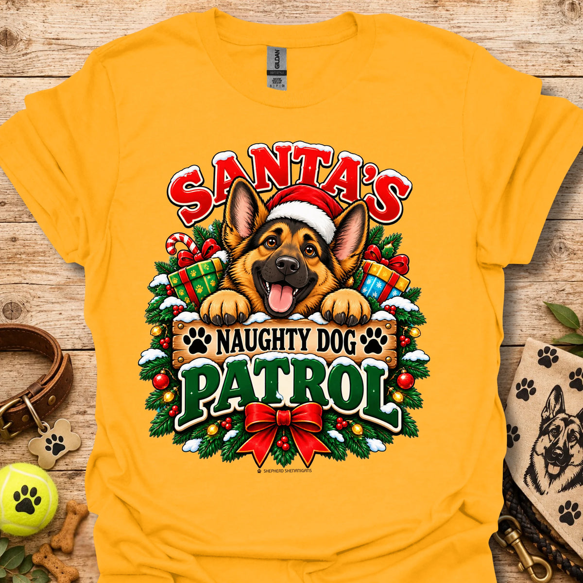 Holiday dog patrol t-shirt in gold, Santa-themed German shepherd graphic