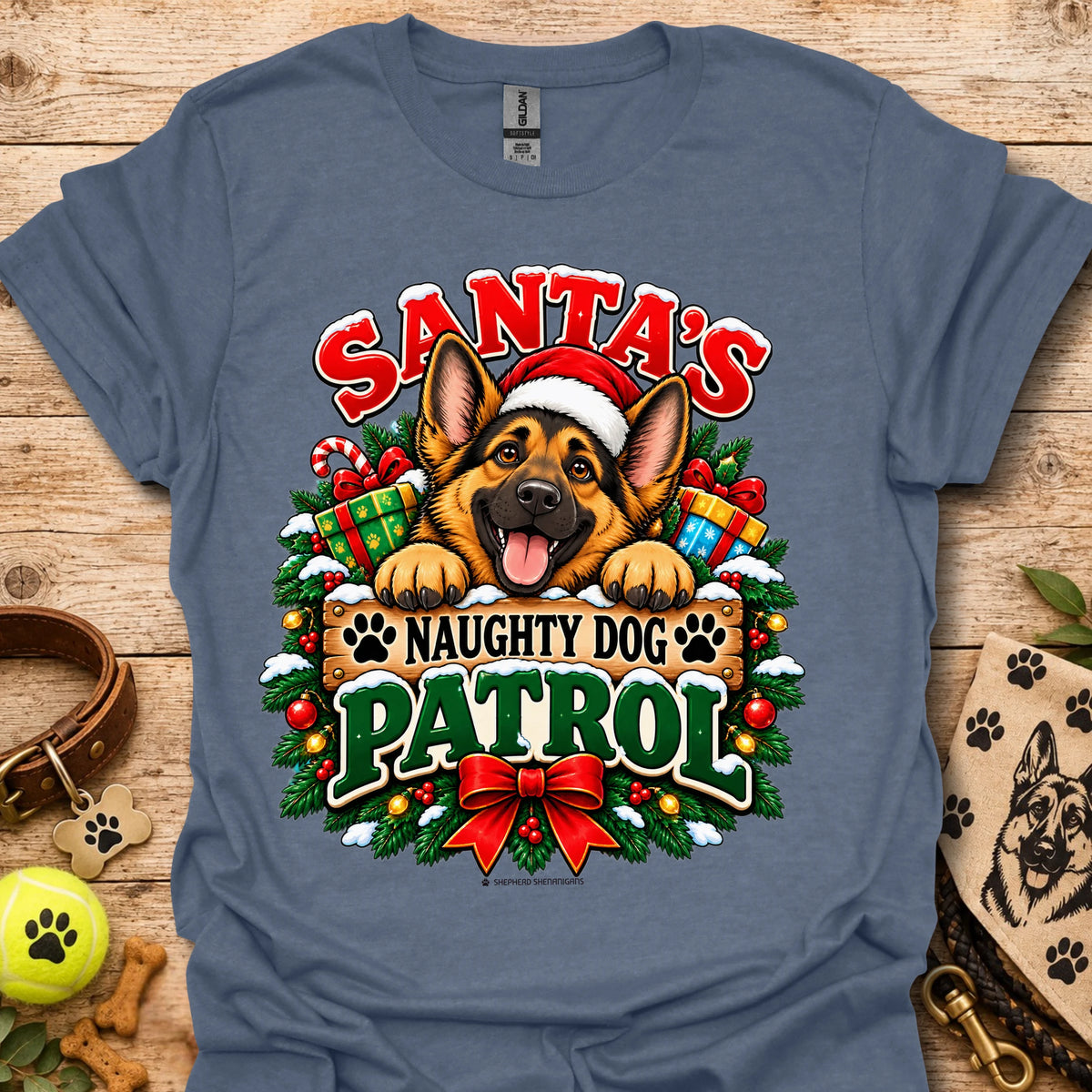 Holiday dog patrol t-shirt in denim blue, Santa-themed German shepherd graphic