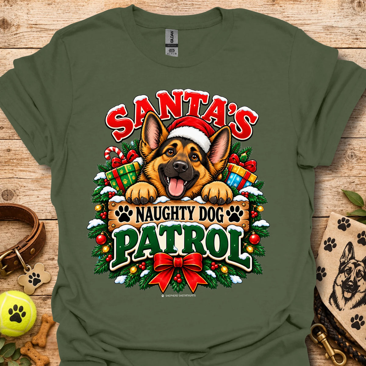 Holiday dog patrol t-shirt in olive green, Santa-themed German shepherd graphic