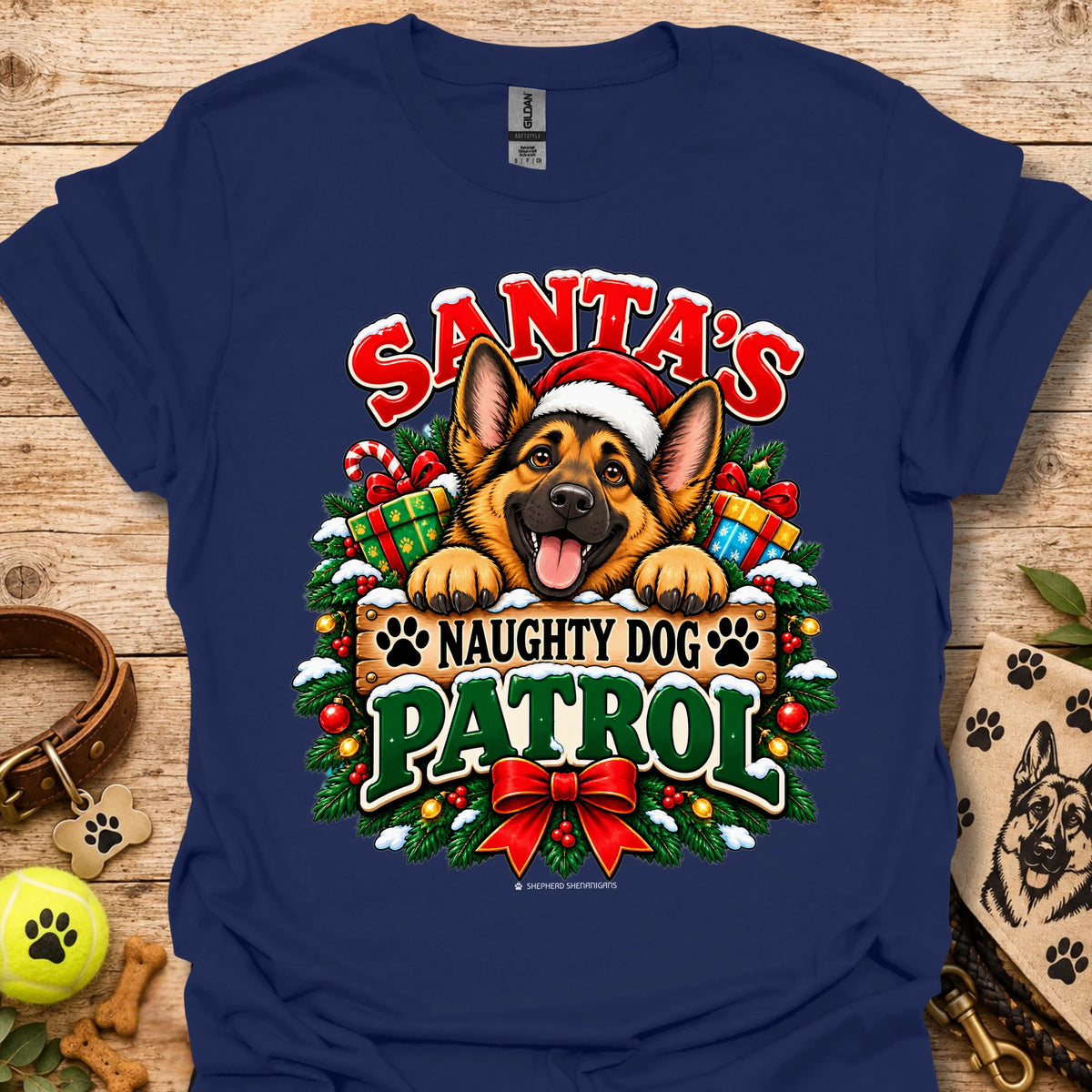 Holiday dog patrol t-shirt in navy blue, Santa-themed German shepherd graphic