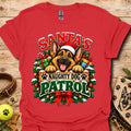 Holiday dog patrol t-shirt in red, Santa-themed German shepherd graphic