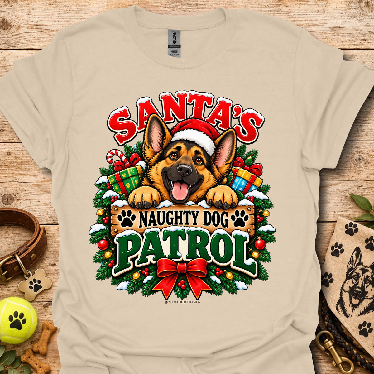 Holiday dog patrol t-shirt in beige, Santa-themed German shepherd graphic