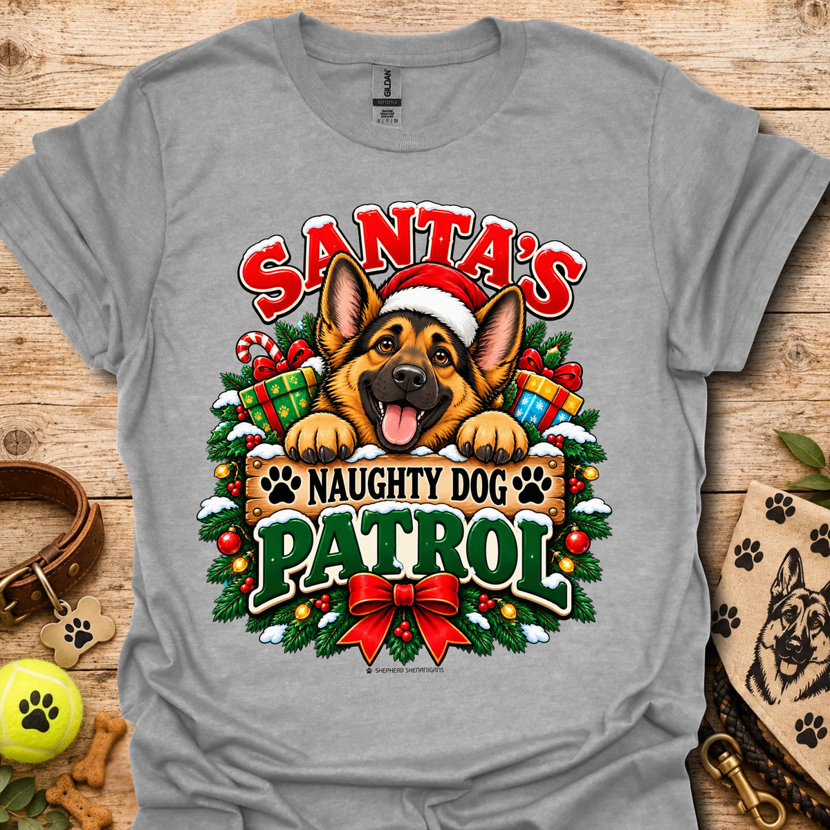 Holiday dog patrol t-shirt in light gray, Santa-themed German shepherd graphic
