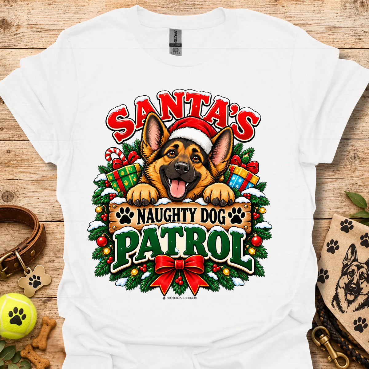 Holiday dog patrol t-shirt in white, Santa-themed German shepherd graphic