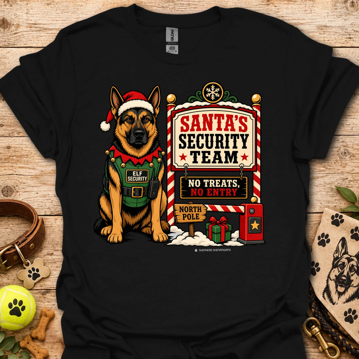 Black T-shirt with elf-dog character and Santa's Security Team graphic front print