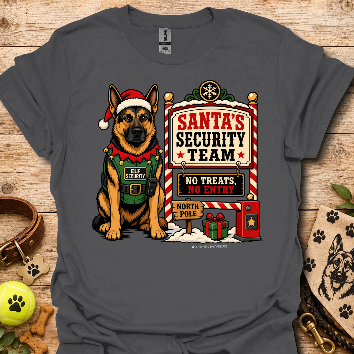 Charcoal T-shirt with dog dressed as elf beside Santa's Security Team graphic