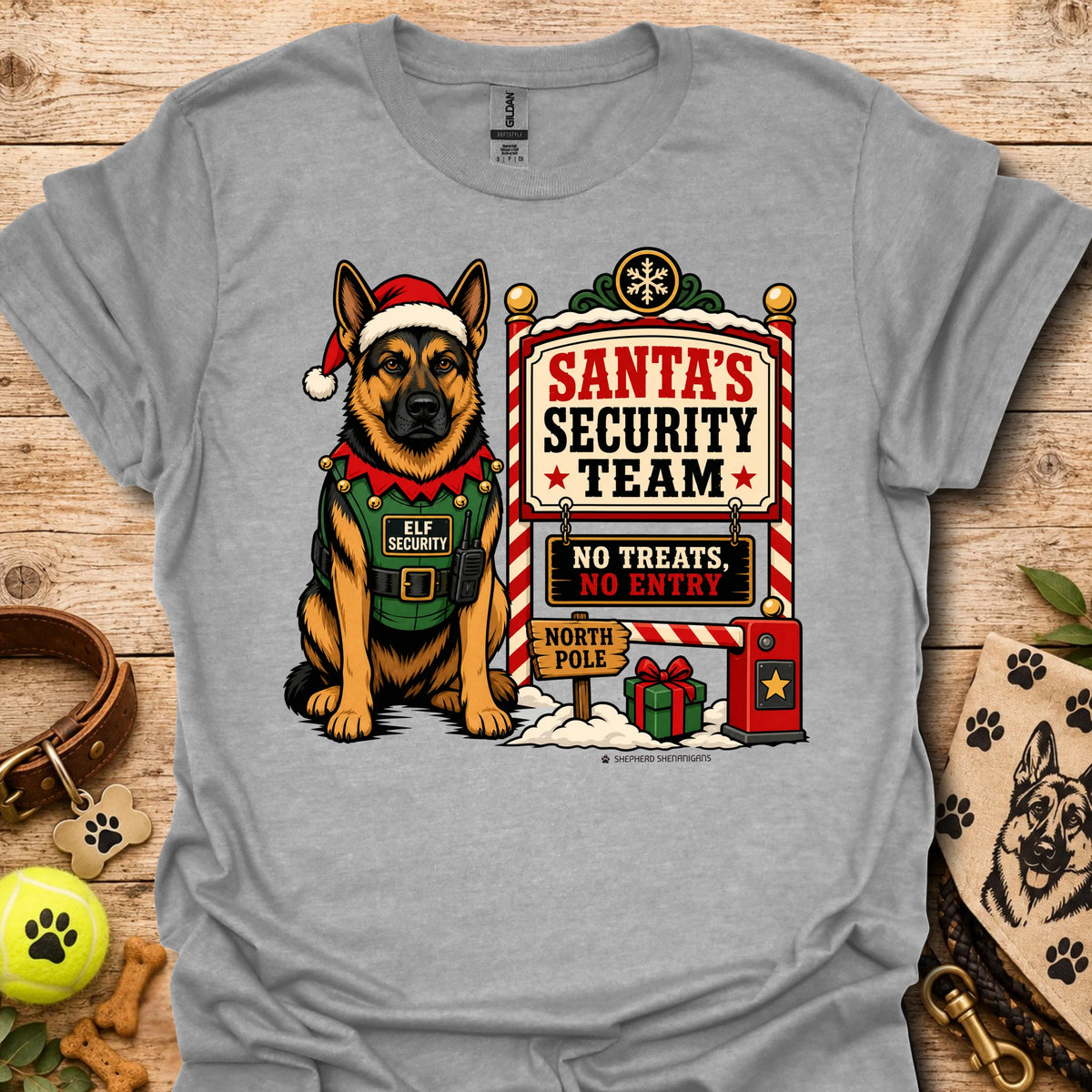 Sport grey T-shirt featuring an elf-dog graphic next to Santa's Security Team
