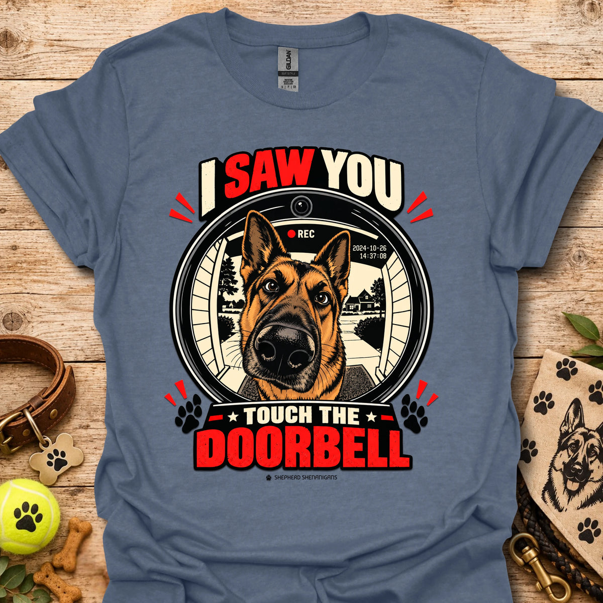 Blue dog doorbell graphic T-shirt with circular “Touch the Doorbell” design