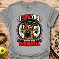 Heather gray dog doorbell graphic T-shirt with circular “Touch the Doorbell” design