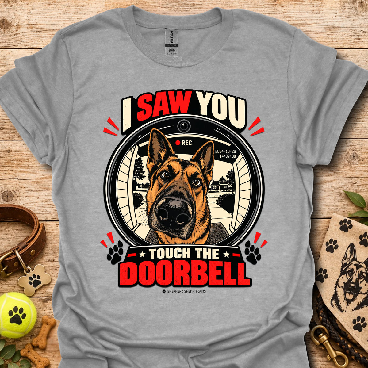 Heather gray dog doorbell graphic T-shirt with circular “Touch the Doorbell” design