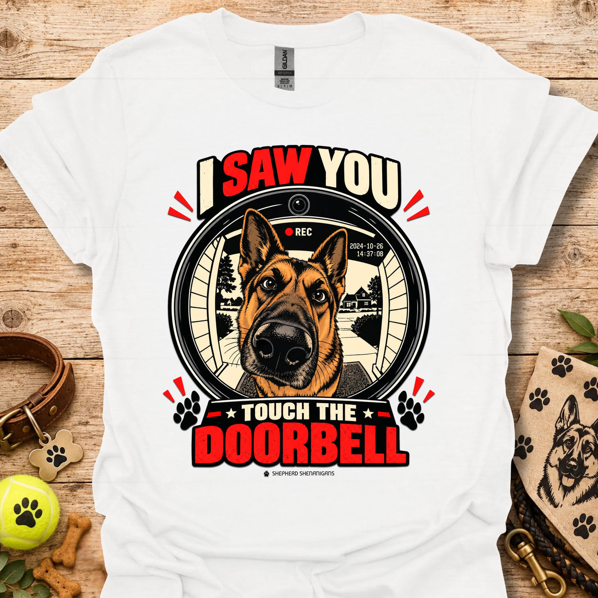White dog doorbell graphic T-shirt with circular “Touch the Doorbell” lettering