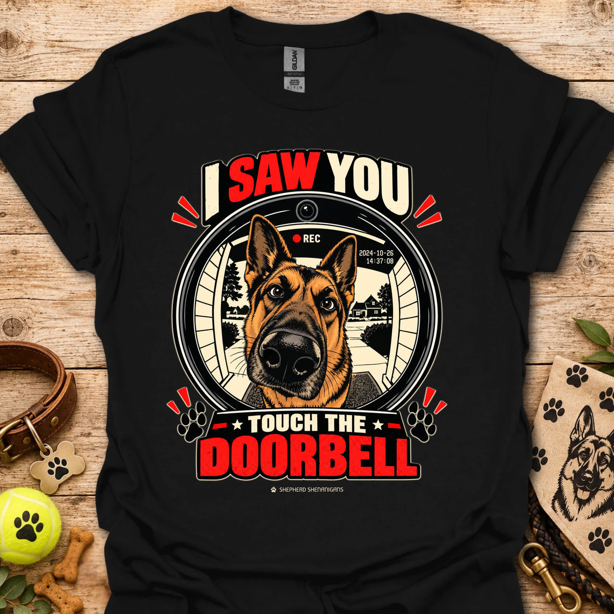 Black dog doorbell graphic T-shirt with large circular “Touch the Doorbell” print