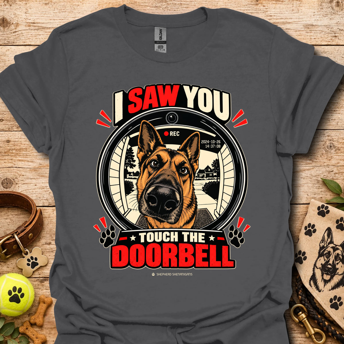 Charcoal dog doorbell graphic T-shirt with large circular “Touch the Doorbell” text
