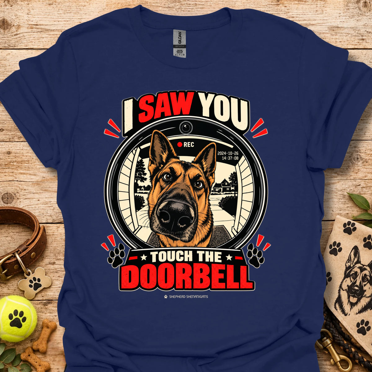 Navy dog doorbell graphic T-shirt with circular “Touch the Doorbell” lettering