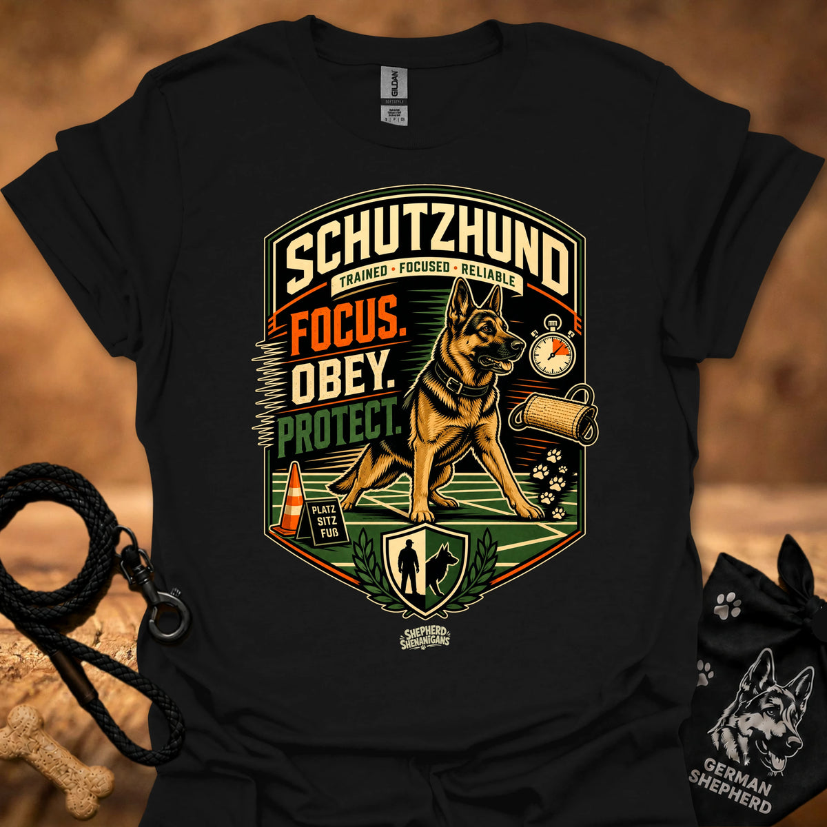 Schutzhund training T-shirt in black with large dog-and-shield graphic print