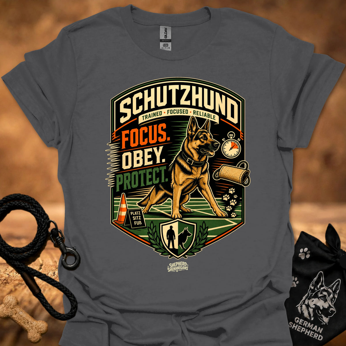 Schutzhund training T-shirt in charcoal gray with large dog-and-shield graphic print
