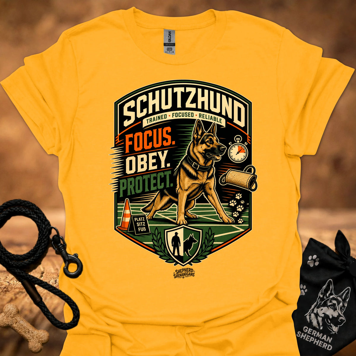 Schutzhund training T-shirt in gold with large dog-and-shield graphic print