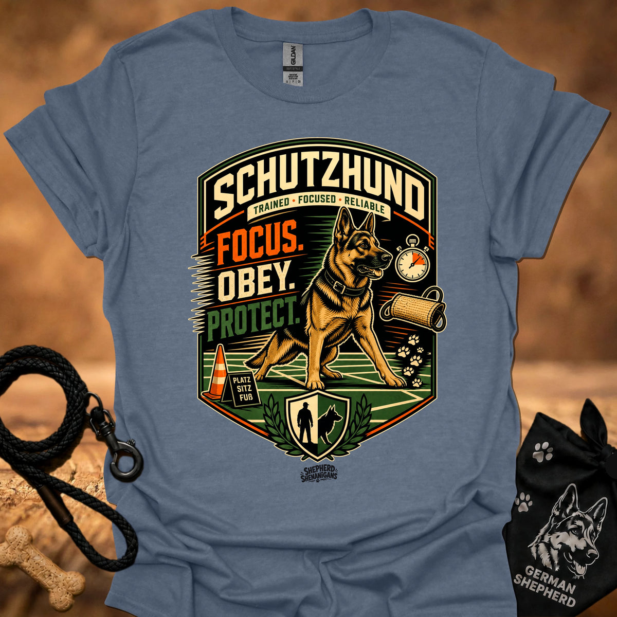 Schutzhund training T-shirt in heather indigo with large dog-and-shield graphic print