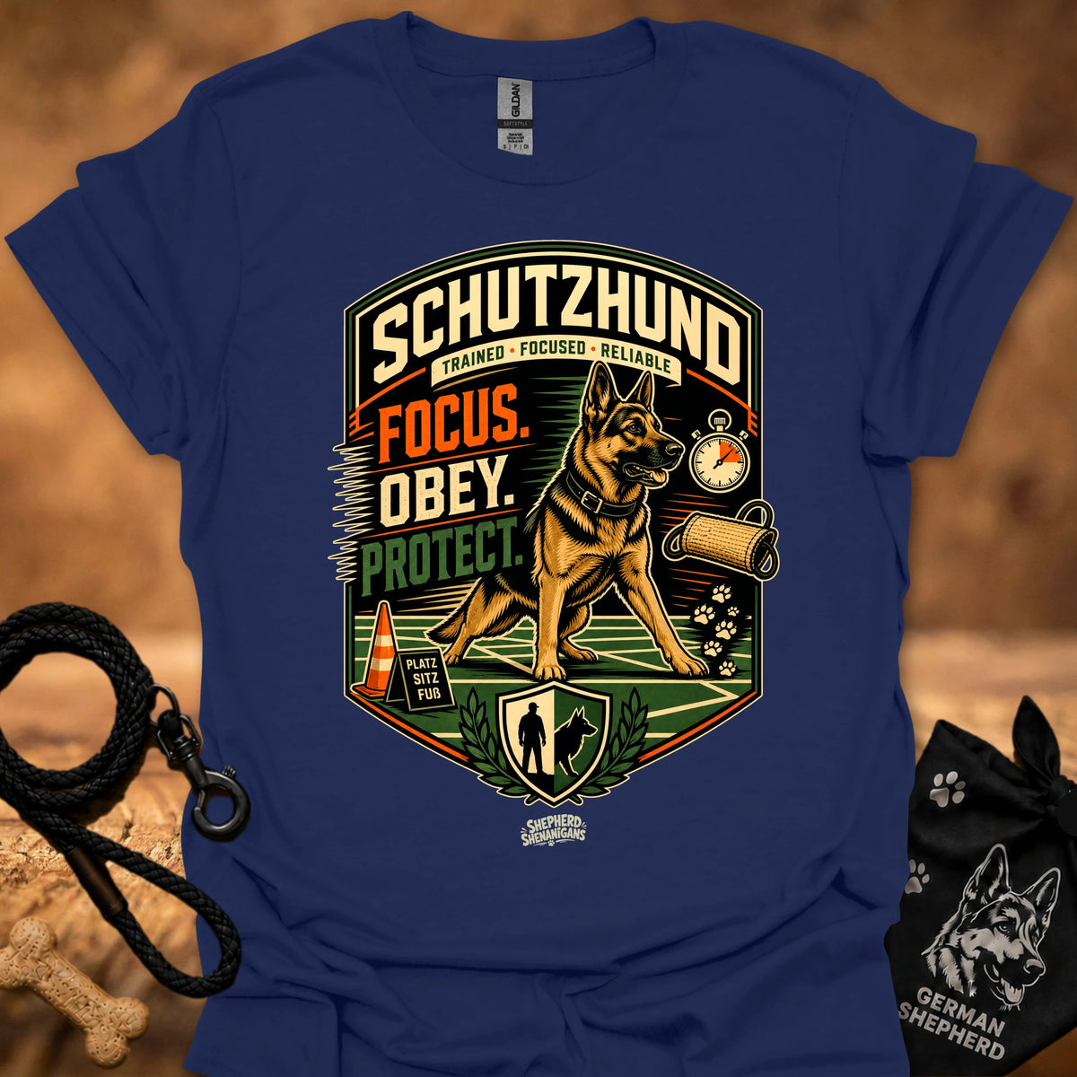 Schutzhund training T-shirt in navy with large dog-and-shield graphic print