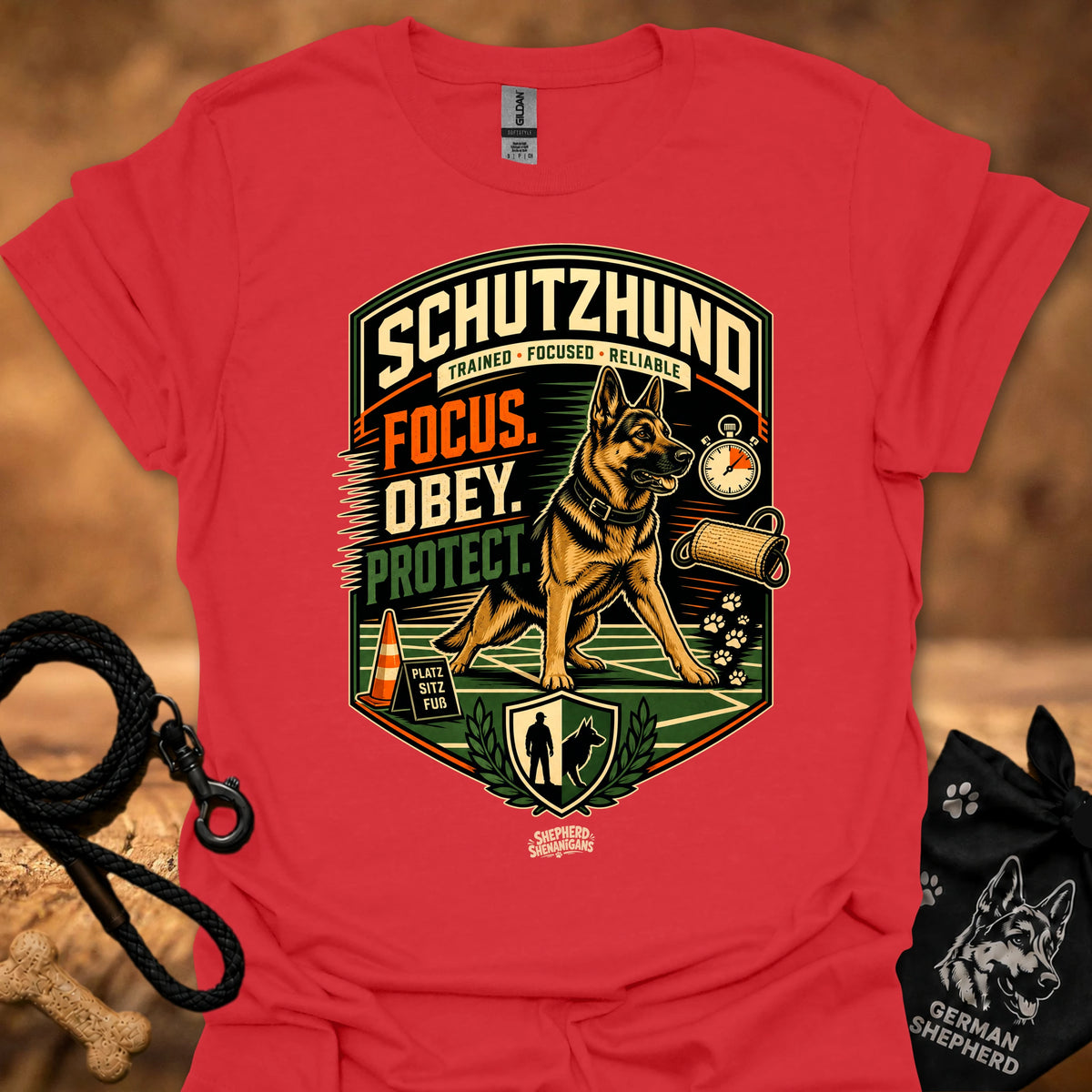 Schutzhund training T-shirt in red with large dog-and-shield graphic print
