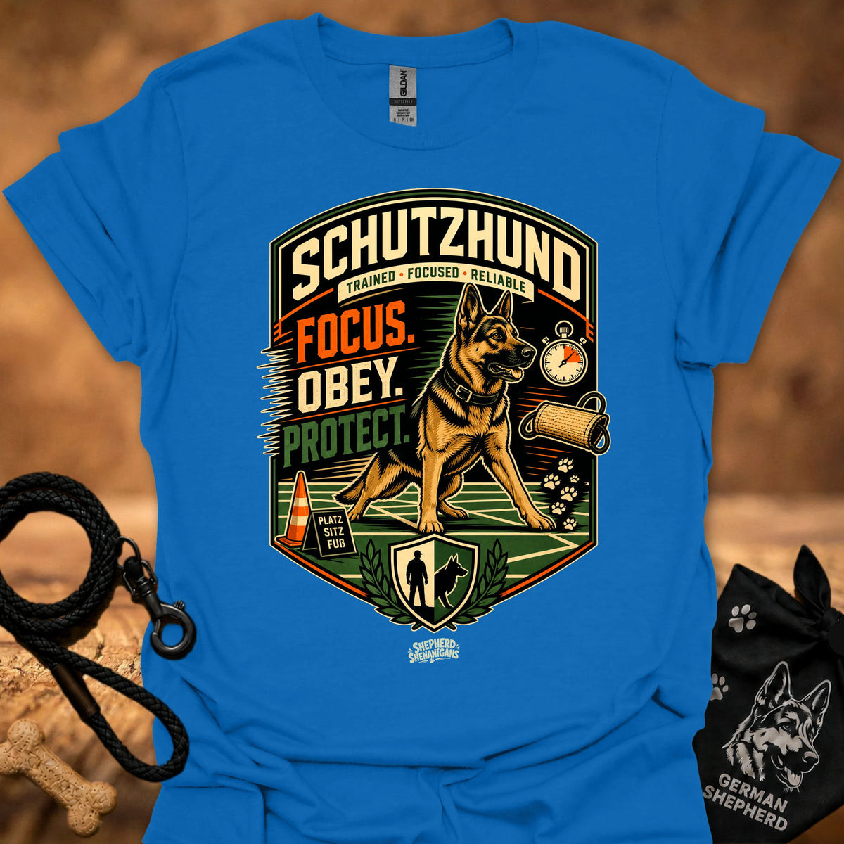 Schutzhund training T-shirt in royal blue with large dog-and-shield graphic print