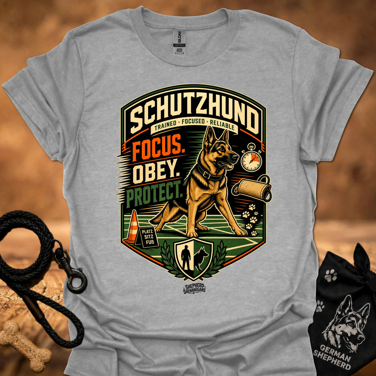 Schutzhund training T-shirt in sport gray with large dog-and-shield graphic print