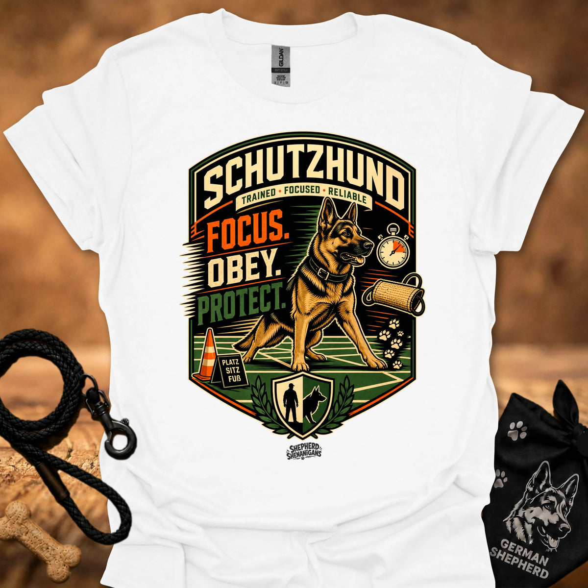 Schutzhund training T-shirt in white with large dog-and-shield graphic print