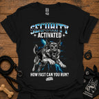 Black security-themed German shepherd graphic T-shirt, front 'Security Activated' print