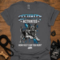 Charcoal security-themed German shepherd graphic T-shirt, front 'Security Activated' print