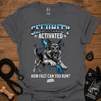 Charcoal security-themed German shepherd graphic T-shirt, front 'Security Activated' print