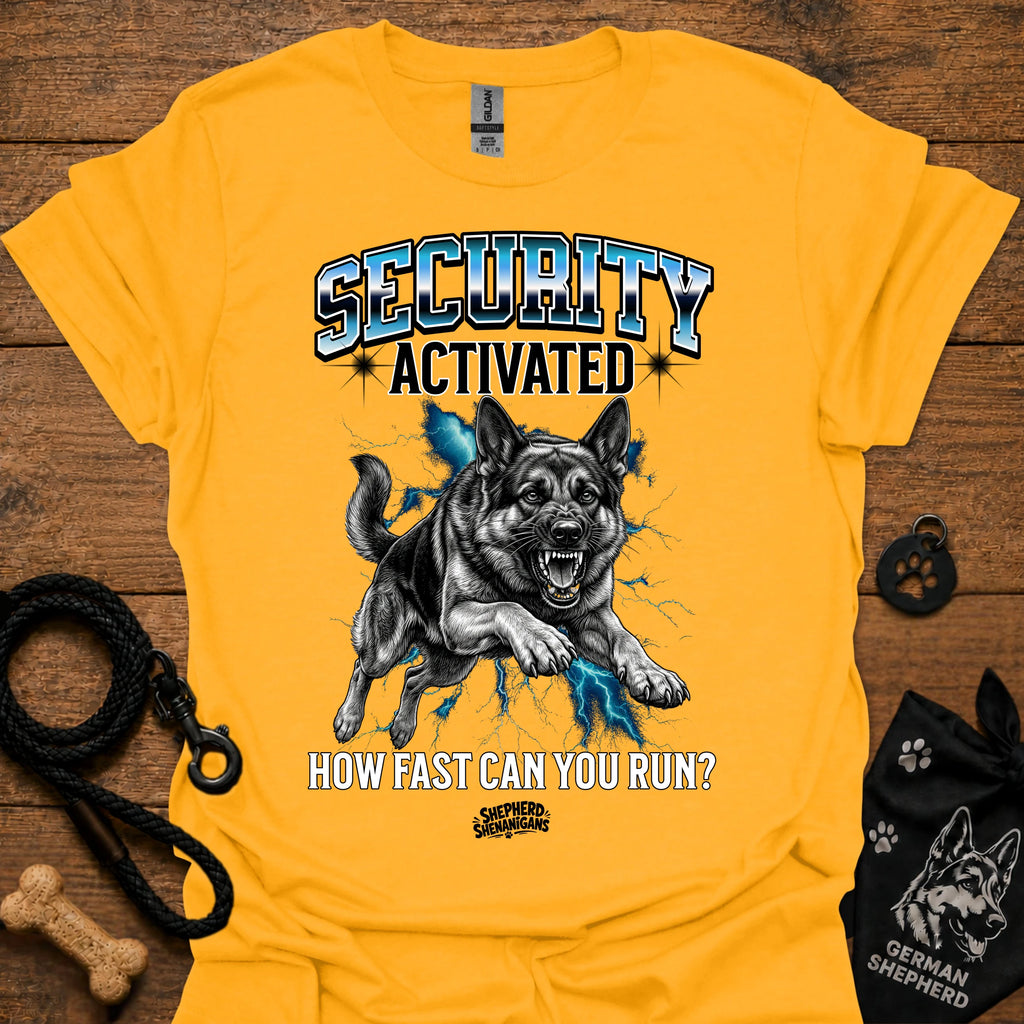 Gold security-themed German shepherd graphic T-shirt with 'Security Activated' front print