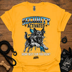 Gold security-themed German shepherd graphic T-shirt with 'Security Activated' front print