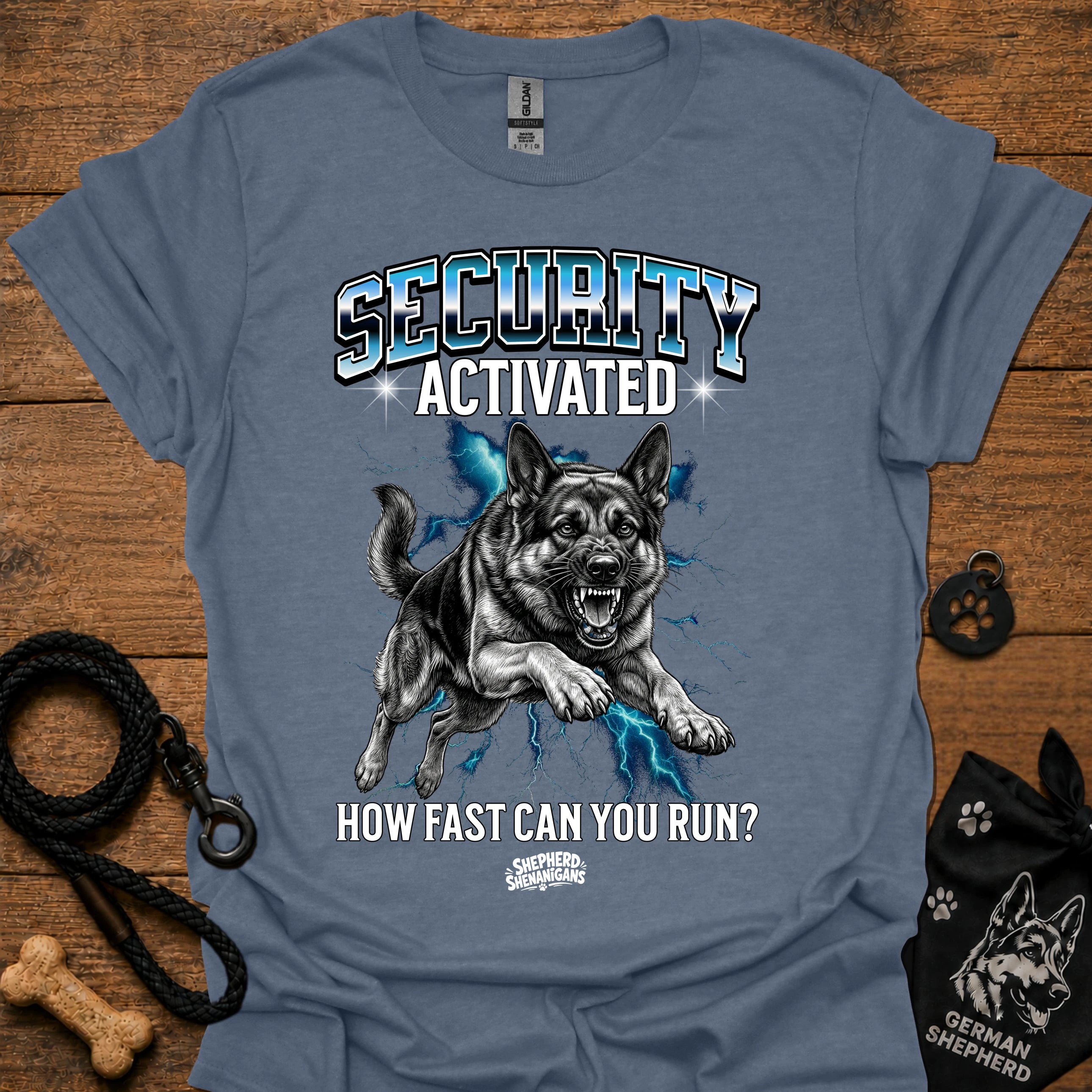 Light blue security-themed German shepherd graphic T-shirt with 'Security Activated' front print