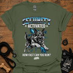 Military green security-themed German shepherd graphic T-shirt with 'Security Activated' print