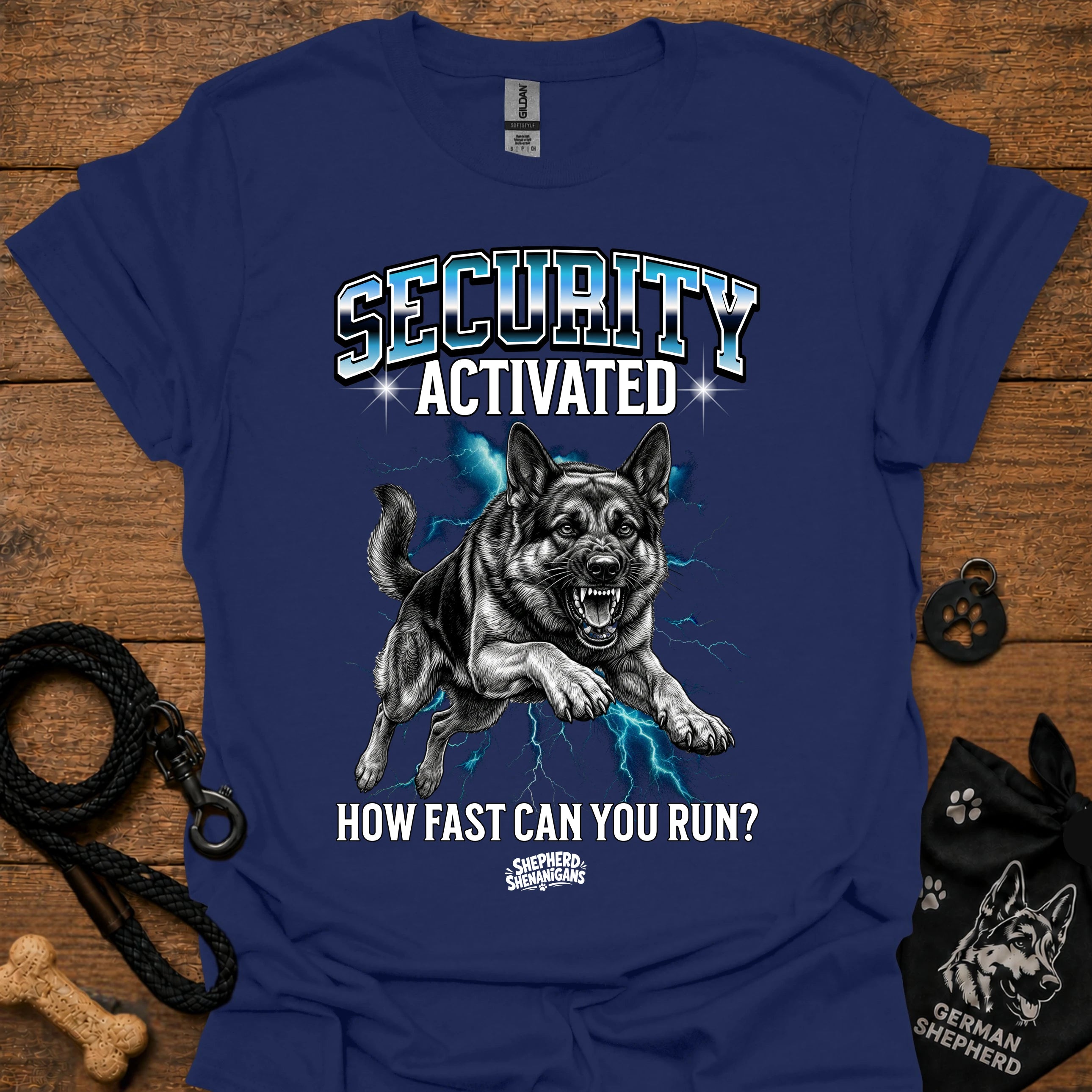 Navy security-themed German shepherd graphic T-shirt with 'Security Activated' front print