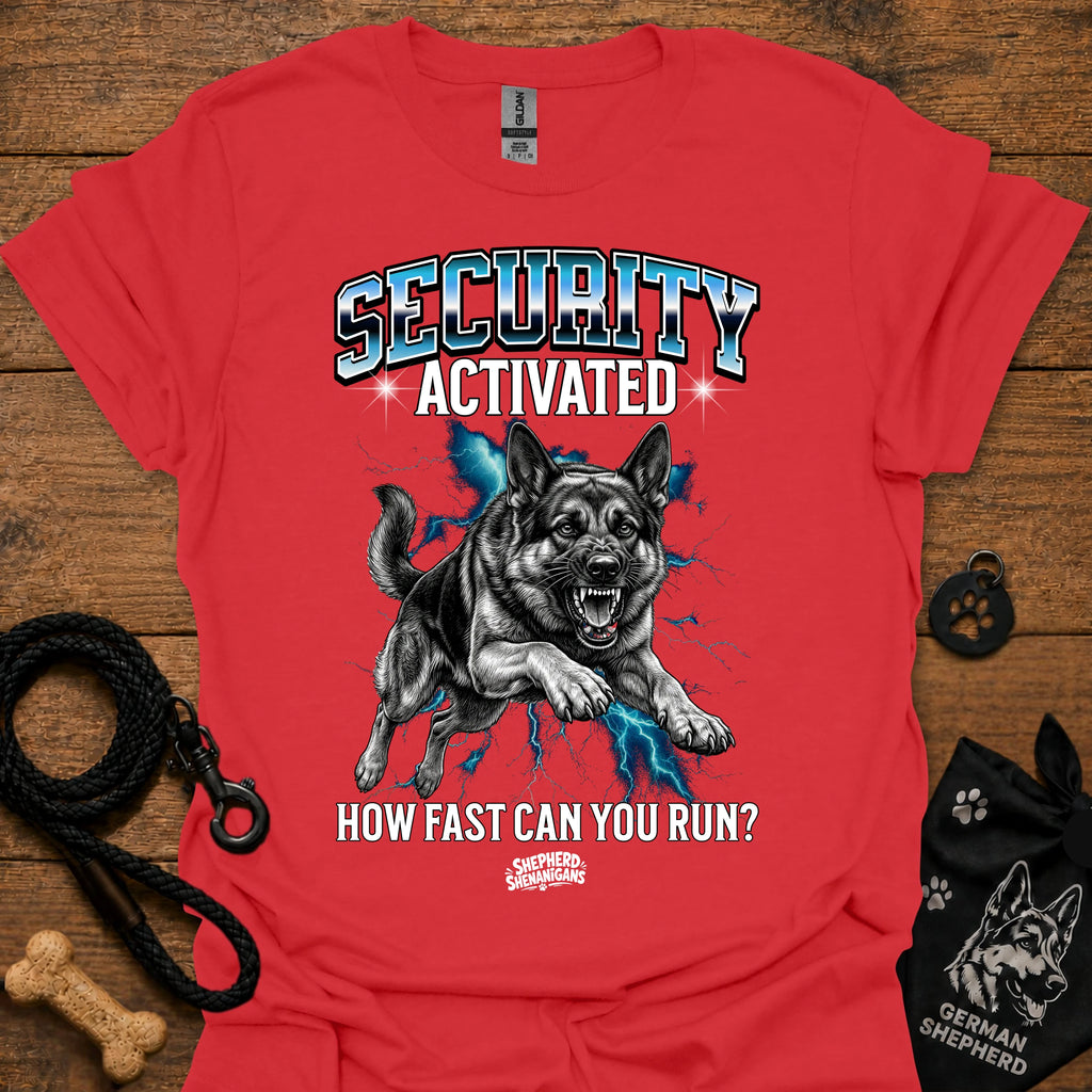 Red security-themed German shepherd graphic T-shirt, front 'Security Activated' print